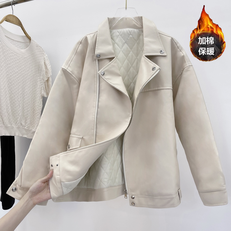 Off-White Korean Style Loose-Fitting Leather Jacket for Women, New Spring and Autumn Slim-Fit American Retro Biker Jacket Pu Leather Jacket Off-White Korean Style Loose-Fitting Leather Jacket for Women, New Spring and Autumn Slim-Fit American Retro Biker Jacket Pu Leather Jacket