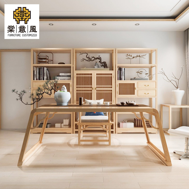 New Chinese style solid wood desk and chair combination tea table homestay modern Zen study calligraphy table log color furniture customization