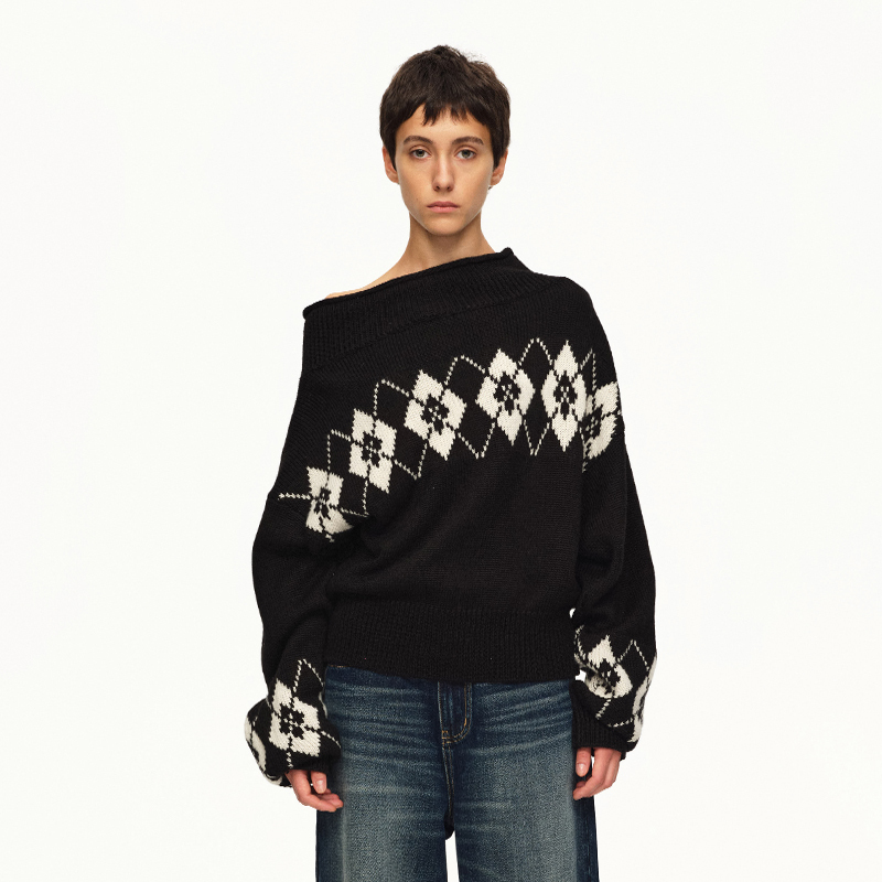 Empty Page Black/Coffee/Pink Fair Isle Wool Blend Sweater Diamond Pattern Slanted Shoulder Off-Shoulder Sweater