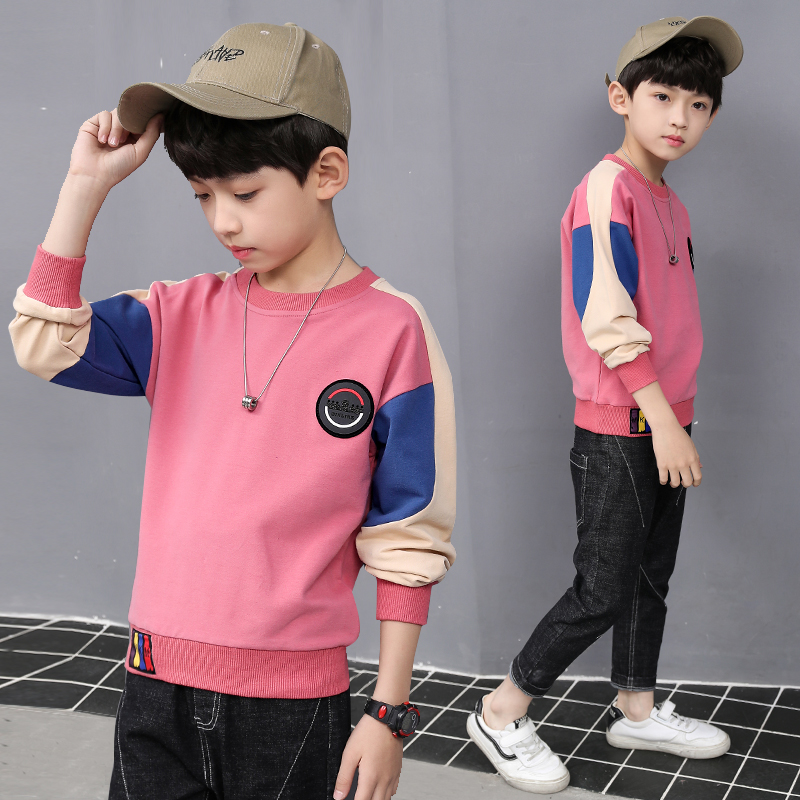 Boys' long-sleeved T-shirts for children's middle and older children plus velvet foreign atmosphere autumn tops for boys spring and autumn undershirts pure cotton underwear