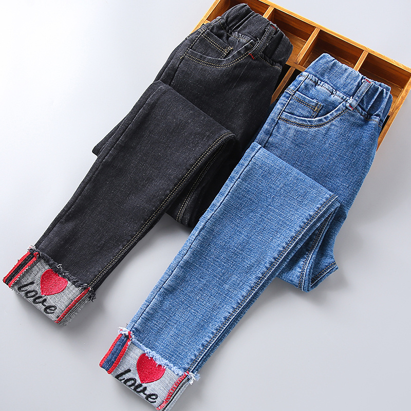 Girls jeans 2021 children's pants Medium and large virgin girl Western school spring and autumn small feet trousers thin casual stretch
