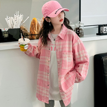 Girl Long Sleeve Shirt 2024 Spring Autumn New Children CUHK Child Hans Version Foreign Air Stylish Plaid Blouse Blouse Blouse