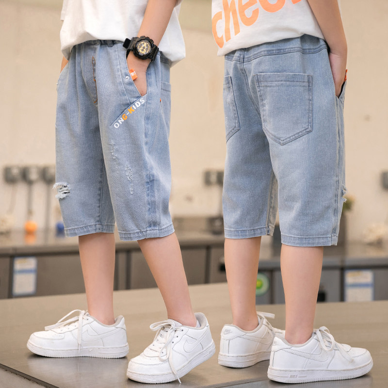 Boy Denim Seven-point Pants 2022 Summer Slim Fit Children Great Boy Casual Mid Pants Boy Shorts Tide Cards