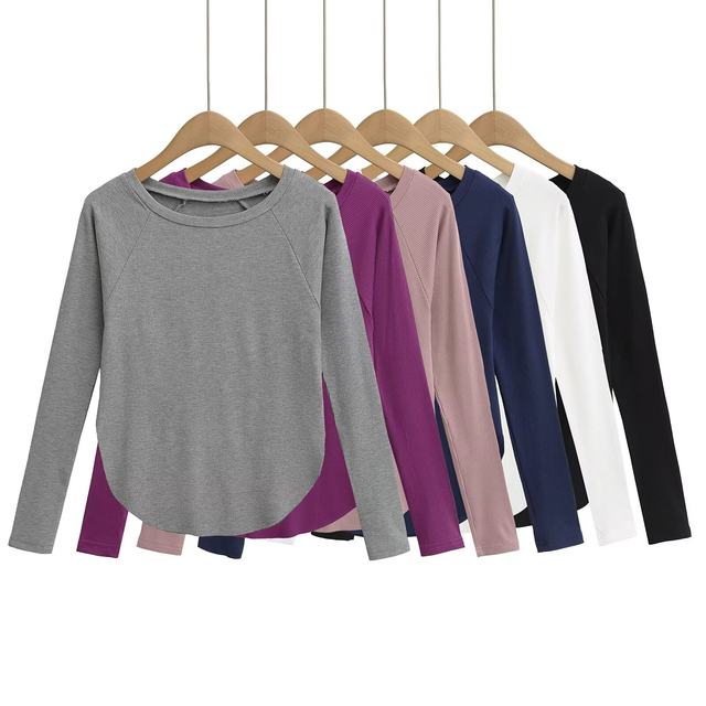 Xiaoru European and American Style Solid Color Basic Round Neck Long-Sleeve T-Shirt for Women, Casual Sun-Protective Cover-Up, Loose Curved Hem Base Shirt