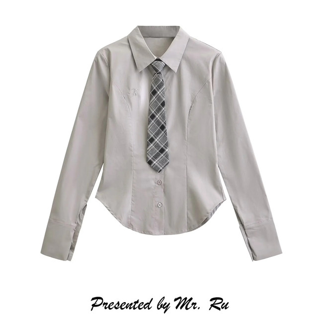 Xiaoru European and American letters embroidered long-sleeved shirt autumn age-reducing contrasting color tie slim fit versatile simple top