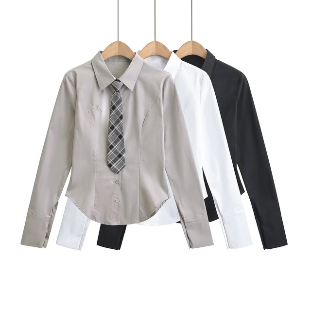 Xiaoru European and American letters embroidered long-sleeved shirt autumn age-reducing contrasting color tie slim fit versatile simple top