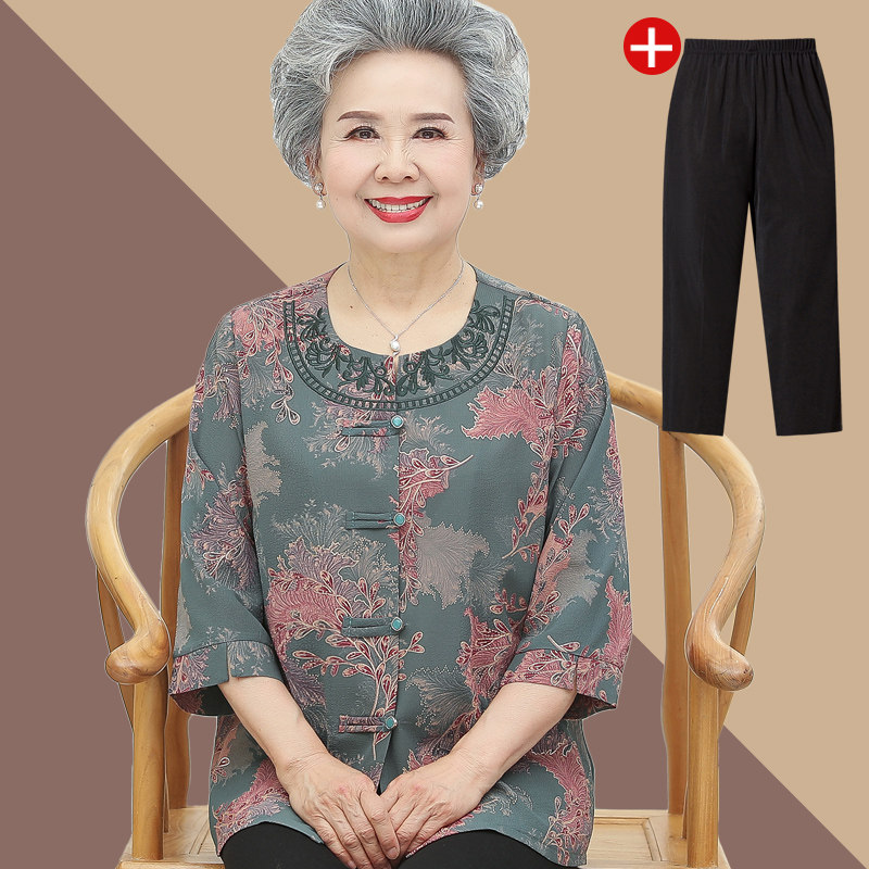 Grandma in spring summer slim fit in a shirt for elderly female moms in summer clothes 70% sleeve suit elderly wife blouses
