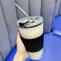 High face value ins small frescoed glass cup female cold extraction water cup milk tea cup straw cup mesh red milk coffee mug