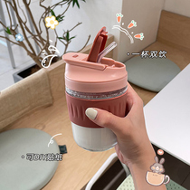 Korean version of ins Wind glass water cup women with straw simple portable cute milk cup large capacity coffee cup