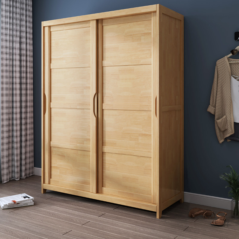 Nordic style all solid wood wardrobe home bedroom modern minimalist small apartment sliding door dormitory rental wardrobe
