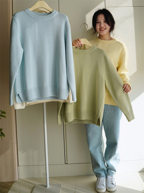 Homemade 100% pure cotton thread sweater women's loose pullover round neck autumn and winter sweater with thick inner layer