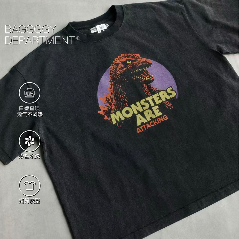 Baggggy Monster 2.0 Washed Vintage Oversized Short Wide Silhouette Single-Stitch Printed Short-Sleeve T-Shirt 70-130kg