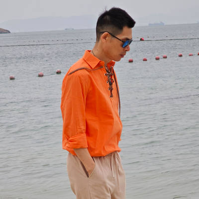 American men's shirt, long-sleeved loose linen, versatile, fashionable, casual, travel and vacation style, orange Henry shirt