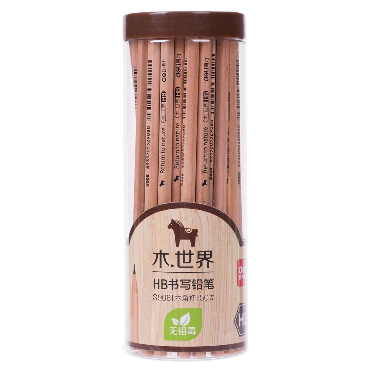 Deli barrel HB pencil 50pcs barrel 2B log hexagon pen holder Painting primary and secondary school students children's stationery