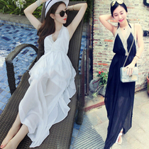 Suspender dress temperament Thailand Bali Maldives beach dress seaside holiday backless skinny white dress