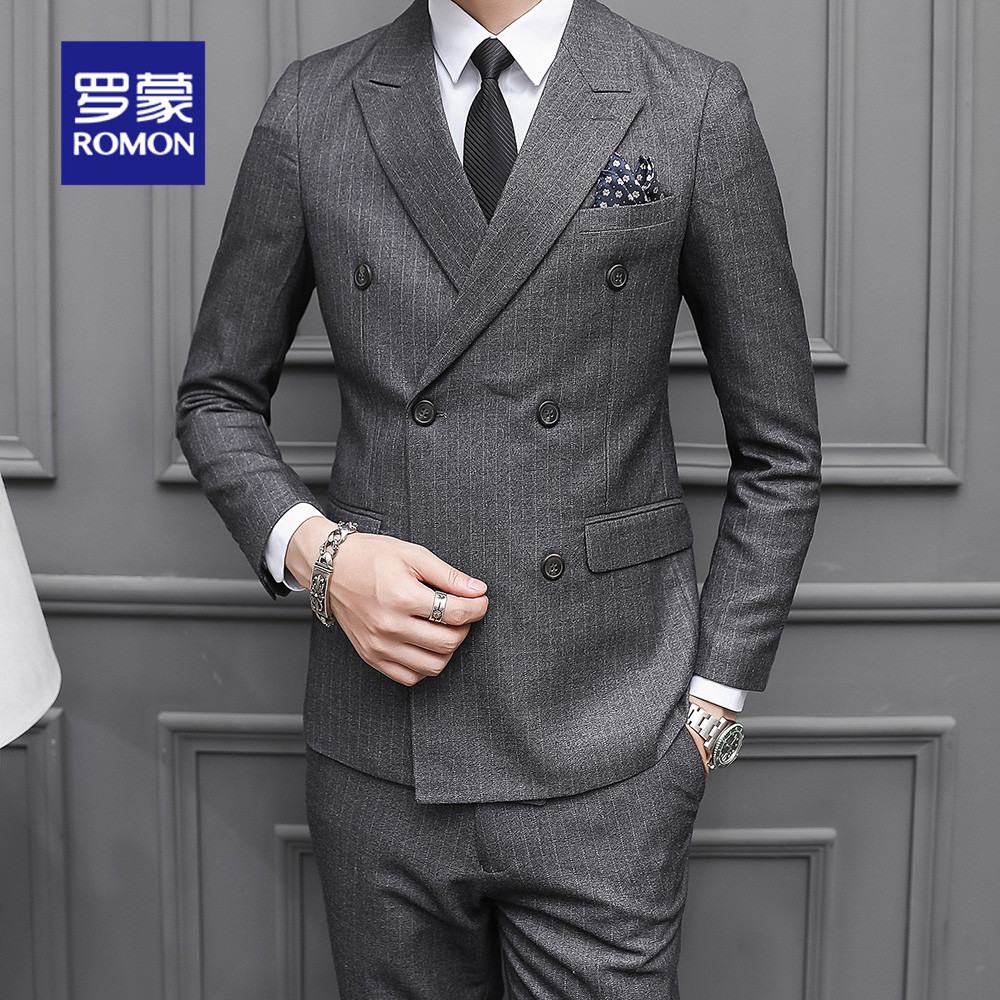 Romon double-breasted suit suit men's slim business suit British style groom best man suit wedding dress