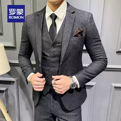 Romon wool suit suit men autumn and winter slim business gentleman suit groom wedding dress three-piece set