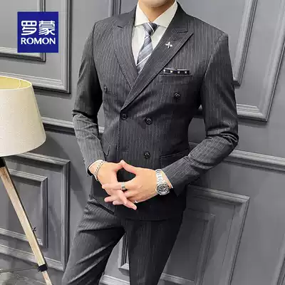Romon suit suit male striped Korean slim-fit business gentleman suit three-piece groom wedding dress handsome