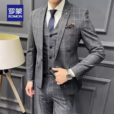 Romon plaid suit male gentleman Korean slim-fit business formal dress young groom wedding best man dress three-piece set