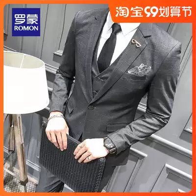 Romon gentleman plaid suit suit suit suit men business casual dress slim handsome groom wedding suit dress