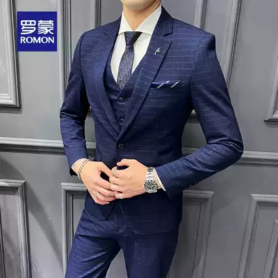 Romon blue suit suit men Business casual plaid suit slim groom wedding emcee host dress