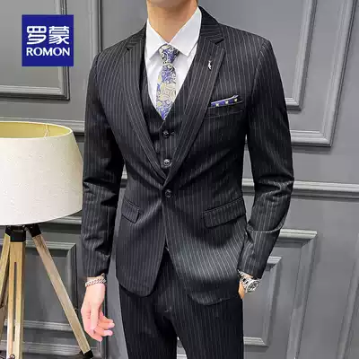 Romon suit suit men's striped Korean slim-fit youth business casual work groom best man suit three-piece suit