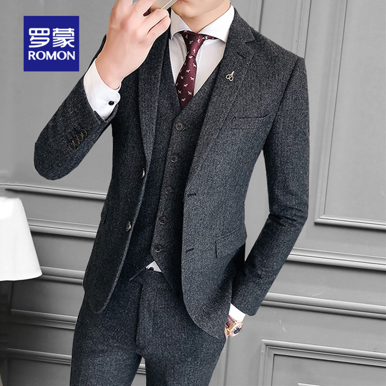 Romon wool woolen suit suit men's winter thick professional business formal dress suit groom wedding dress