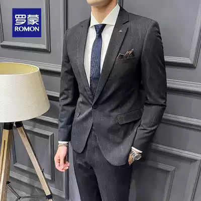 Romon suit suit Men's striped Korean slim-fit business formal dress Groom wedding dress Best man suit two-piece suit