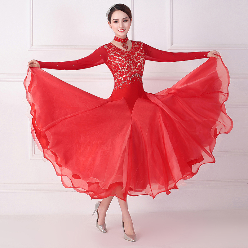 Women's Standard Ballroom Dance Dress - Viennese Waltz, Swing, Long Skirt With Crystal Details, Multiple Colors