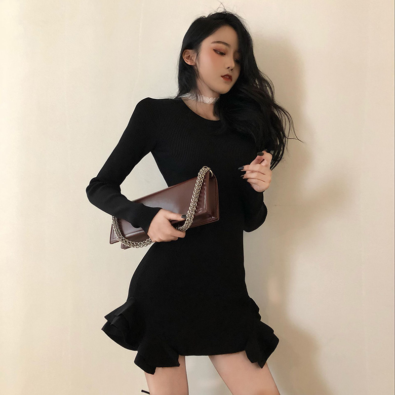 Mùa thu thời trang phụ nữ Hàn Quốc phiên bản của hoang dã chic retro gió cánh hoa đuôi cá váy dài tay đan váy váy triều váy sơ mi
