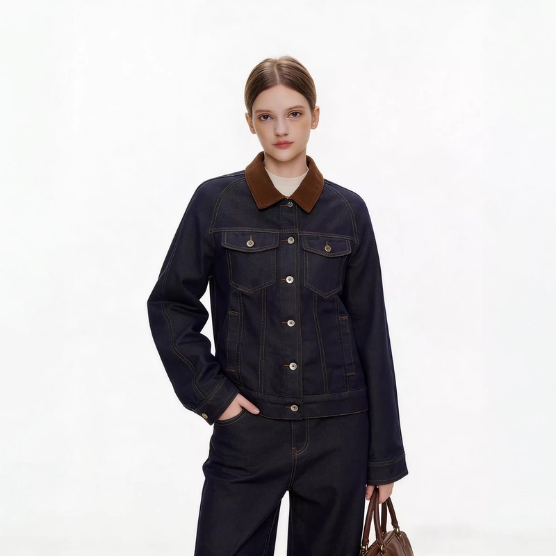 Moodberry American Retro Denim Jacket for Women, Autum New Style, Contrasting Color Lapel, Versatile Casual Top