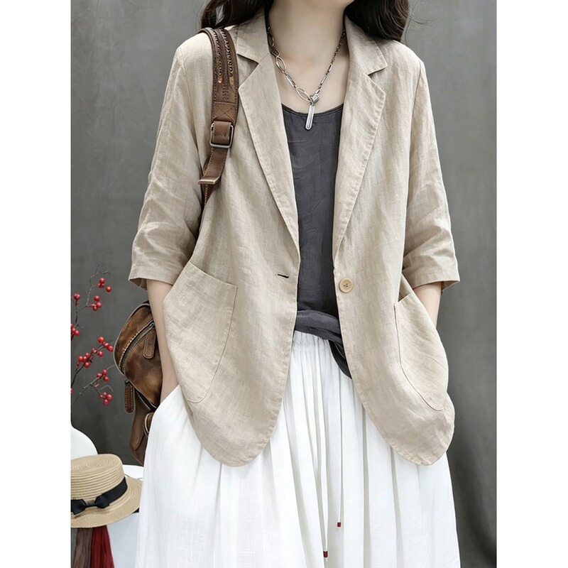 Clothes for Women Plus Size, Slimming Tops, 2026 Spring and Summer New Cotton and Linen Suits, Casual Three-Quarter Sleeve Jackets, Blazers Clothes for Women Plus Size, Slimming Tops, 2026 Spring and Summer New Cotton and Linen Suits, Casual Three-Quarter Sleeve Jackets, Blazers