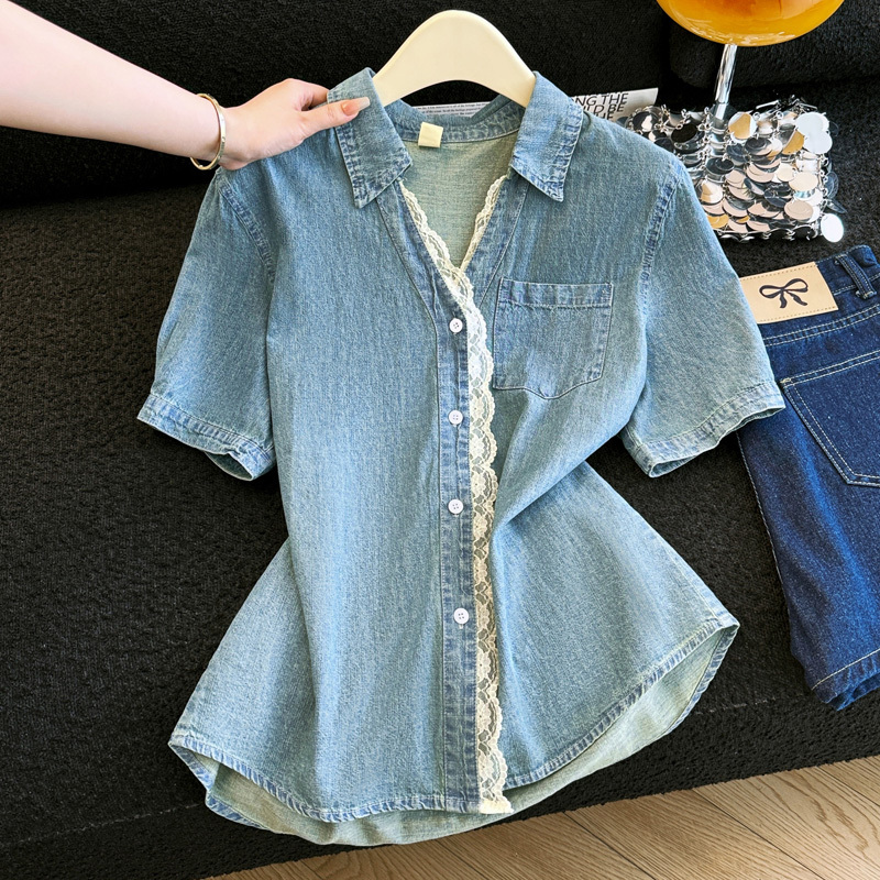 2026 Summer New Women's Shirt Plus Size for Curvy Women, Regular Shoulder Lace Trim Denim Shirt Jacket Top