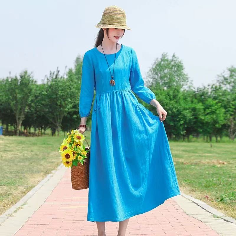 2026 Spring/Summer Solid Color Cotton Linen Midi Dress with Waist-Cinching Round Neck and Nine-Quarter Sleeves, Elegant High-End Plus Size Dress for Curvy Women