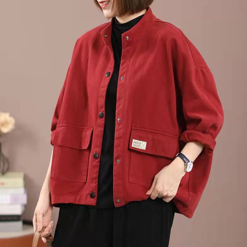 Spring and Autumn Long-Sleeved T-Shirt, Age-Reducing Women's Clothing, Korean Style Casual, Large Size, Loose, Slimming, Artistic Label Pocket Denim Jacket