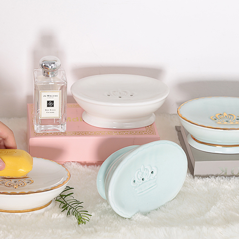 Soap Box O Style Drain Ceramic Soapbox Creative Soap Dish Oval Bathroom Double soapy Soap Rack Bathroom