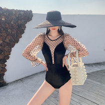 South Korea ins2021 new one-piece swimsuit womens long sleeve yarn Conservative belly thin sexy wave hot spring