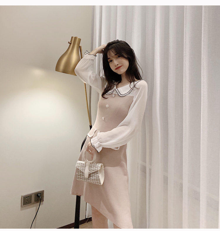 VK旗艦店 韓國風淑女優雅娃娃領單排扣長袖洋裝