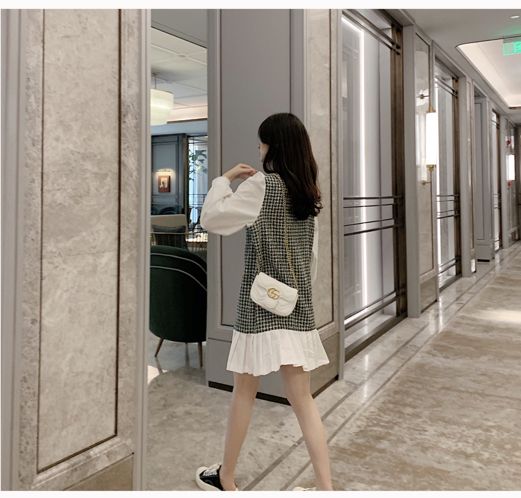 VK旗艦店 韓系修身顯瘦小香風拼接假兩件長袖洋裝