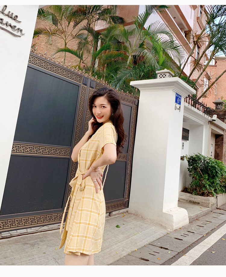 VK旗艦店 韓系復古西裝領格紋高腰系帶氣質短袖洋裝