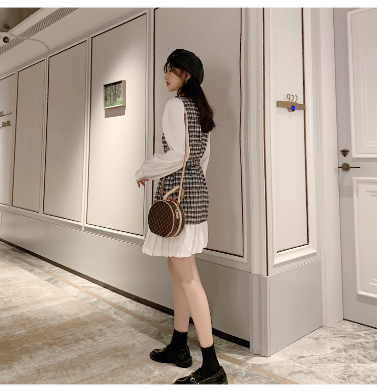 VK旗艦店 韓系修身顯瘦小香風拼接假兩件長袖洋裝