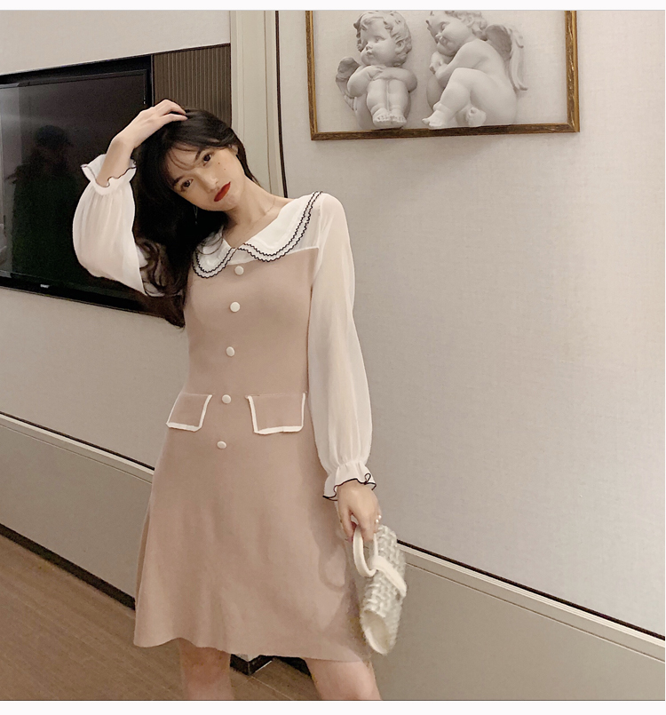 VK旗艦店 韓國風淑女優雅娃娃領單排扣長袖洋裝