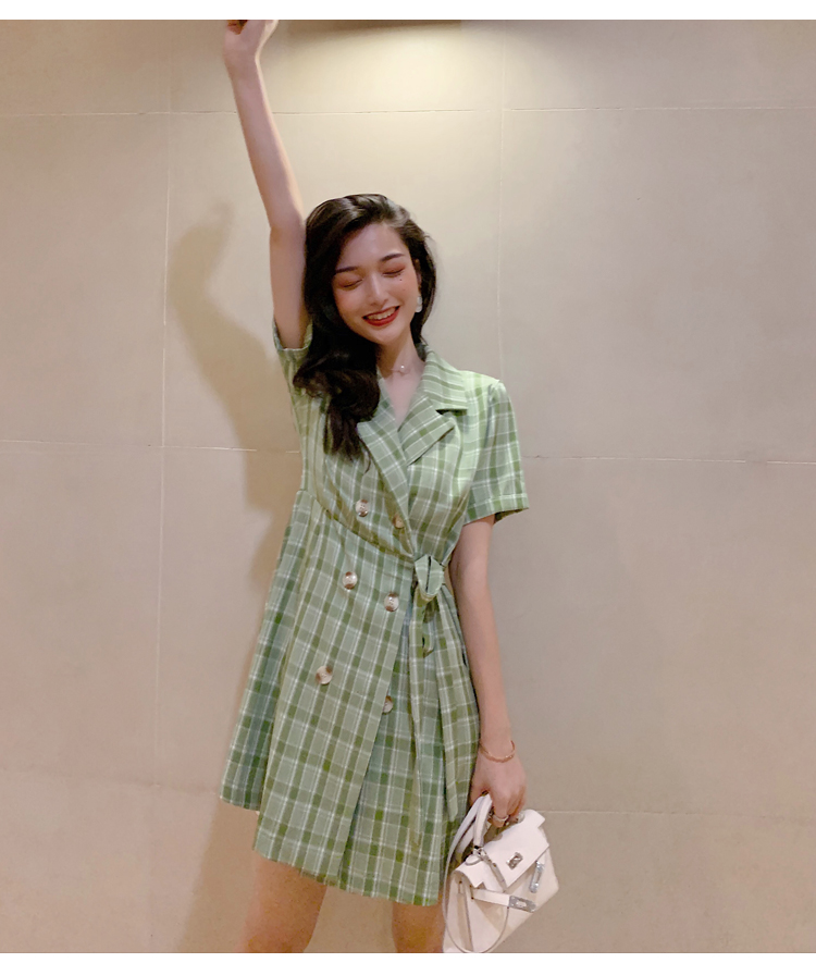VK旗艦店 韓系復古西裝領格紋高腰系帶氣質短袖洋裝