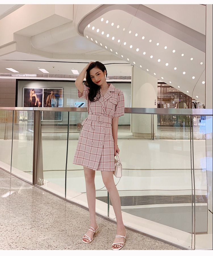 VK旗艦店 韓系西裝領修身格紋雙排釦襯衫長版短袖洋裝