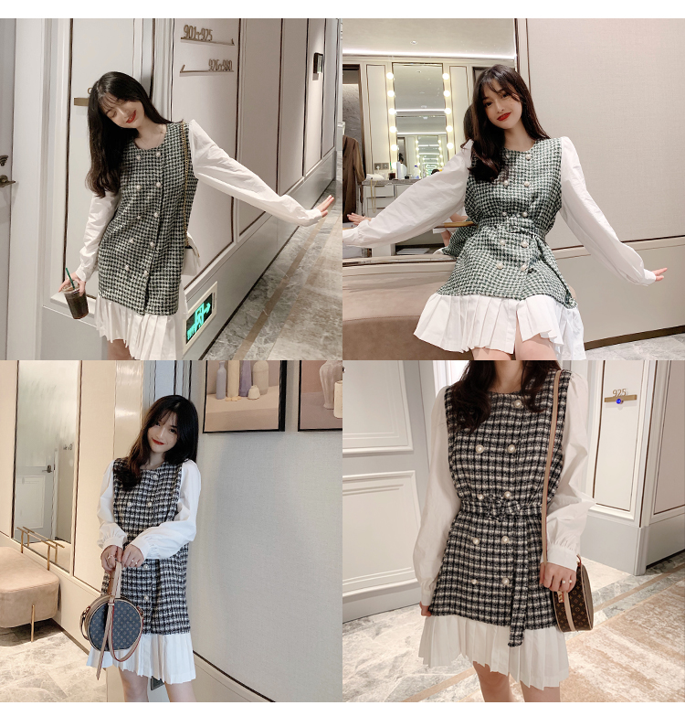 VK旗艦店 韓系修身顯瘦小香風拼接假兩件長袖洋裝