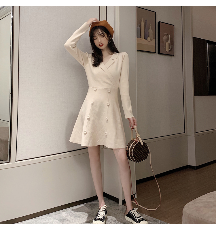 VK旗艦店 韓系雙排扣收腰顯瘦針織西裝領長袖洋裝