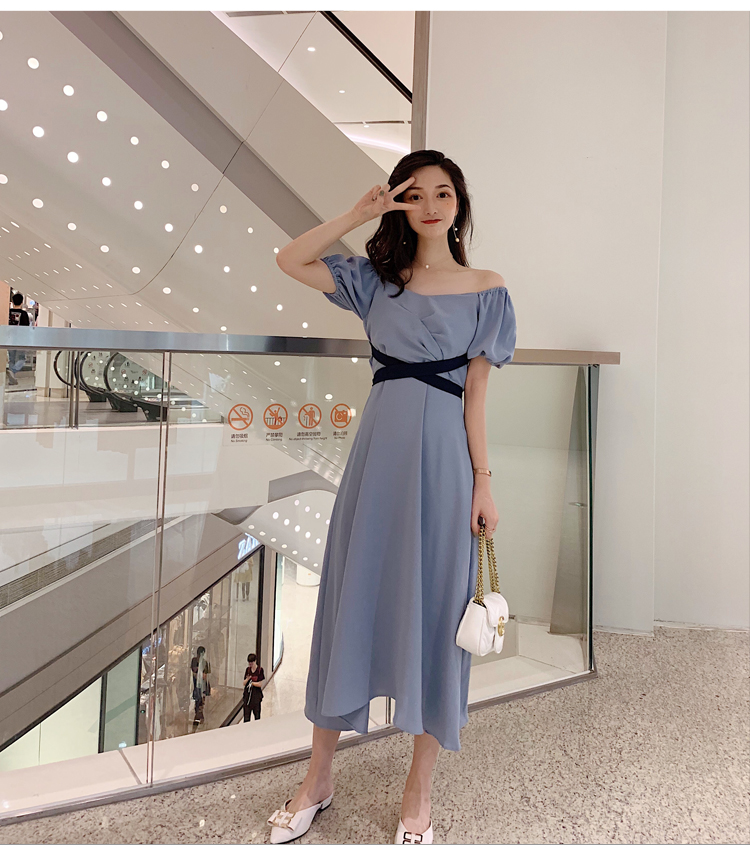 VK旗艦店 韓系一字領兩穿V領收腰系腰帶長版短袖洋裝