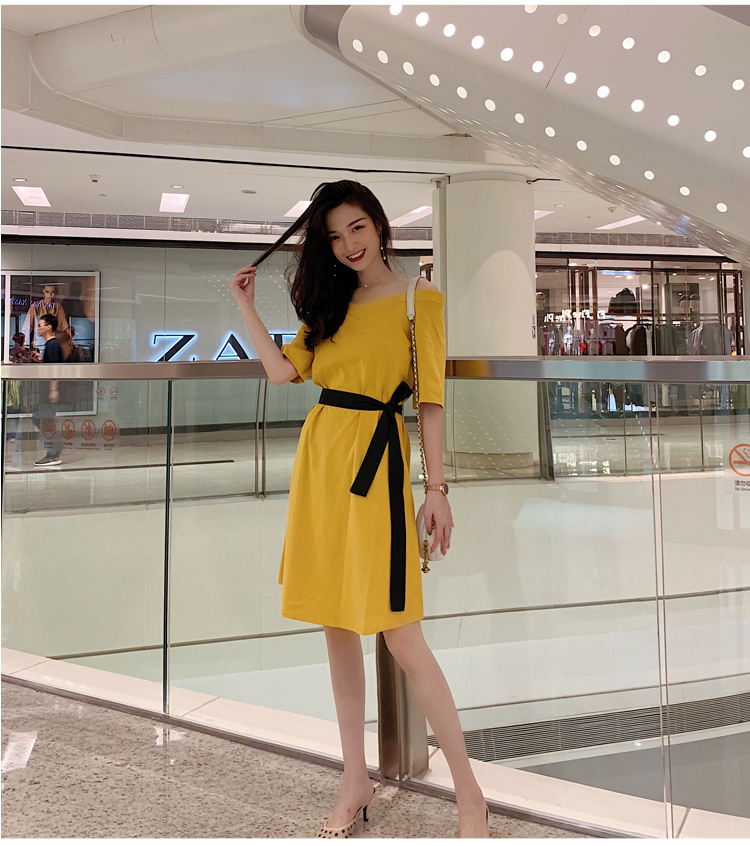 VK旗艦店 韓系一字領露肩收腰修身顯瘦短袖洋裝