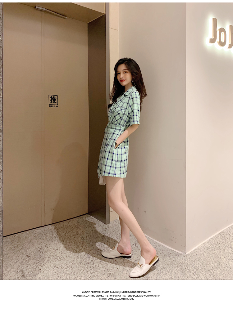 VK旗艦店 韓系時尚寬鬆格子腰帶百搭連身套裝短袖褲裝