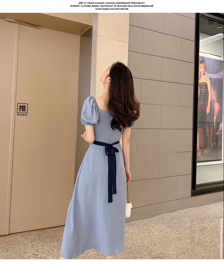 VK旗艦店 韓系一字領兩穿V領收腰系腰帶長版短袖洋裝